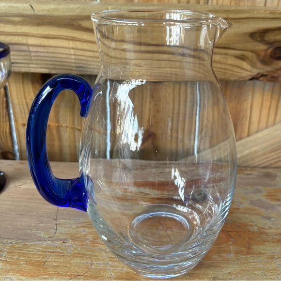 3 Piece Set 2 Mexican Hand Blown Margarita Glasses & Pitcher Cobalt Blue Trim - Picture 7 of 11